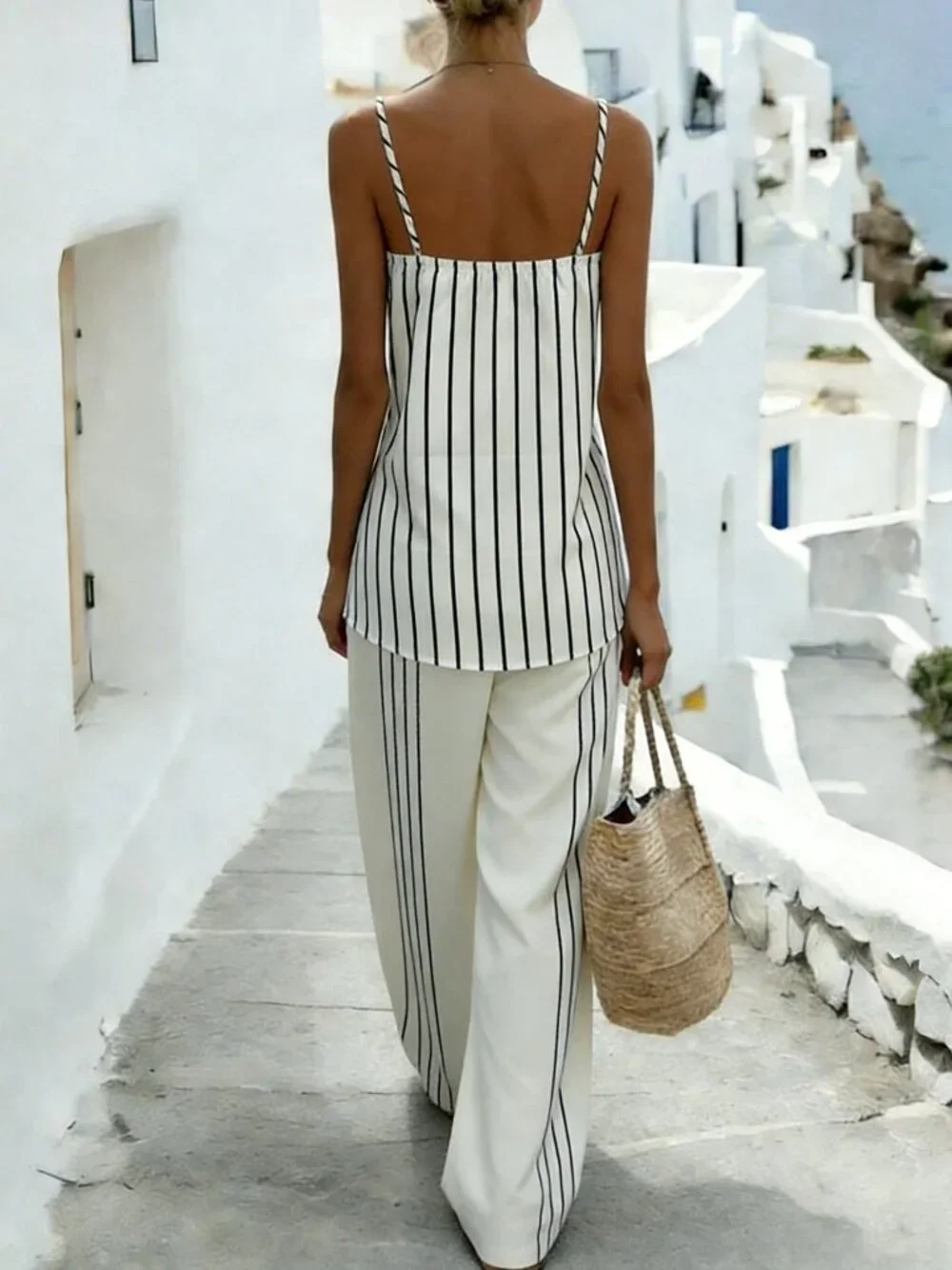 White Striped Women's V-Neck Camisole Wide-Leg Jumpsuit - Picture 2 of 4